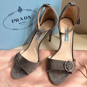 Prada Grey Suede Silver Buckle Heels, Sz 37.5 with Original Box and Shoe Bag